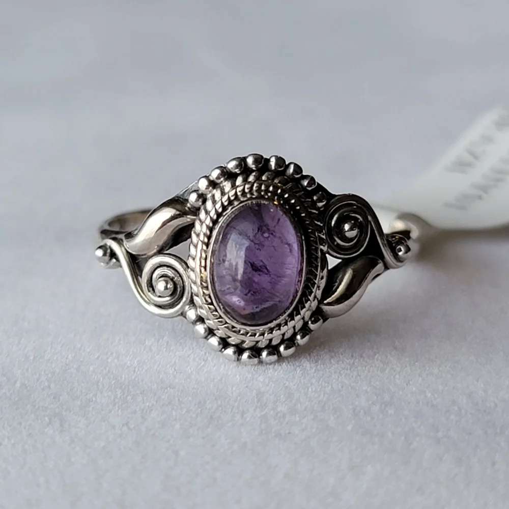 Amethyst Sterling Silver Dahlia Ring Oval Cabochon Filigree Crystal Gemstone